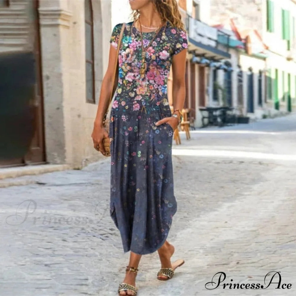 Short Sleeve Bohemian Long Dresses Dark Blue / S