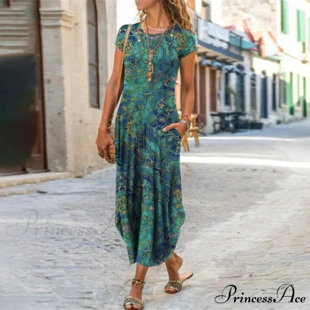 Short Sleeve Bohemian Long Dresses Green / S