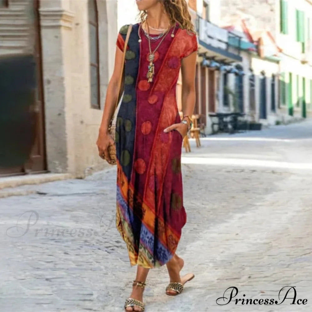 Short Sleeve Bohemian Long Dresses Red / S