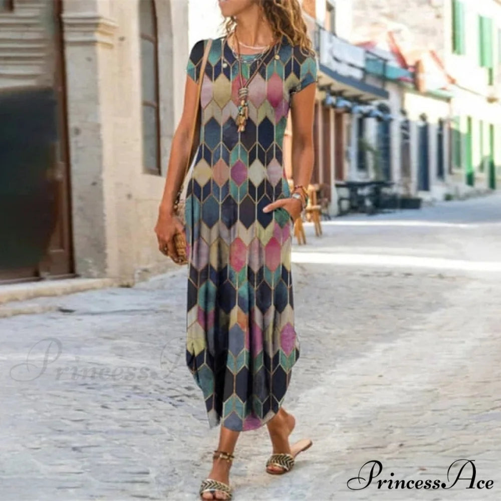 Short Sleeve Bohemian Long Dresses Retro / S