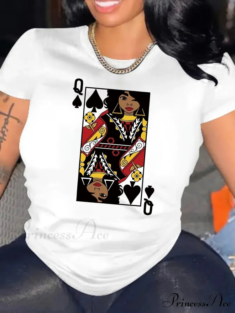 Short Sleeve Cartoon Card Q Print Spring & Summer Women’s Clothing Crew Neck T-shirt WHITE / S
