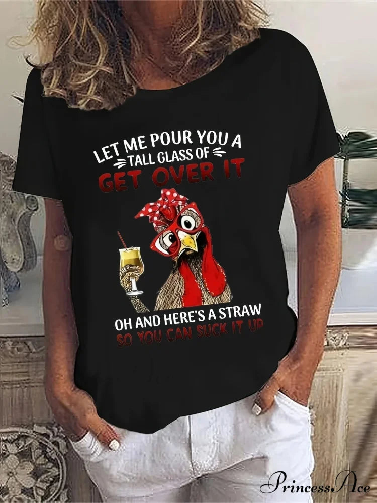 Short Sleeve Cartoon Chicken Print Top For Spring & Summer Women’s Clothing T-shirt BLACK / S
