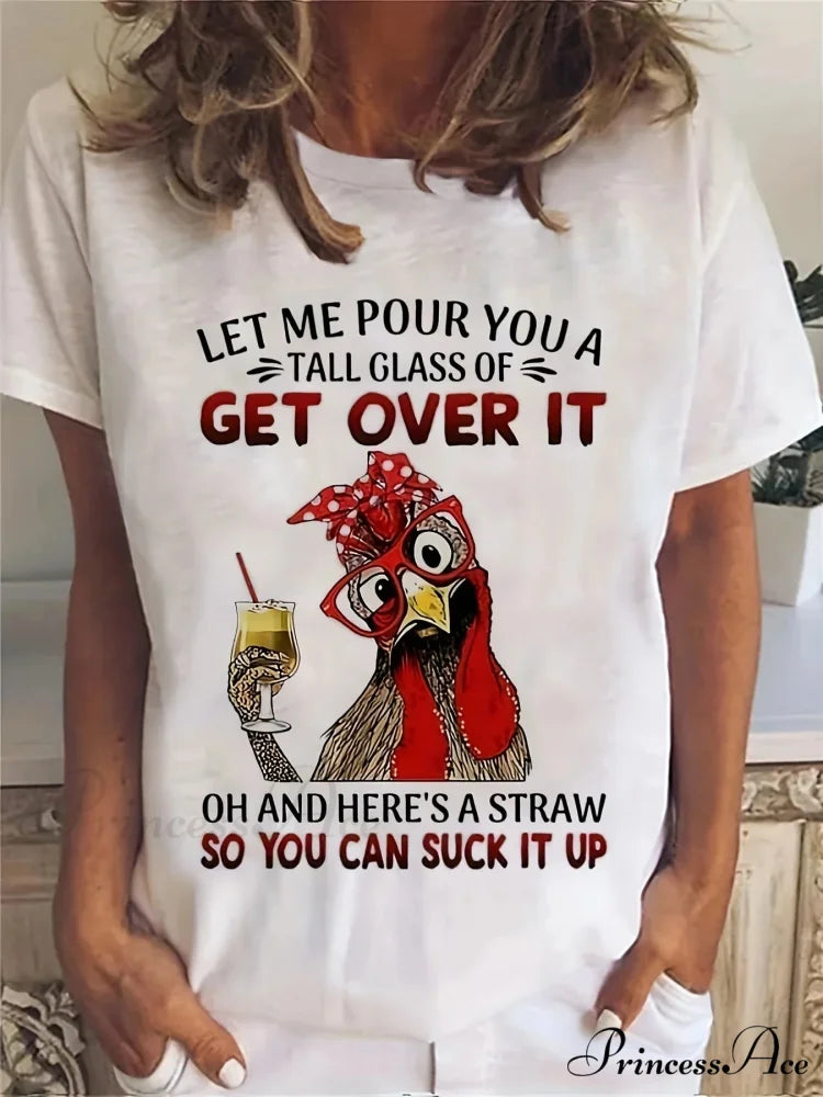 Short Sleeve Cartoon Chicken Print Top For Spring & Summer Women’s Clothing T-shirt WHITE / S