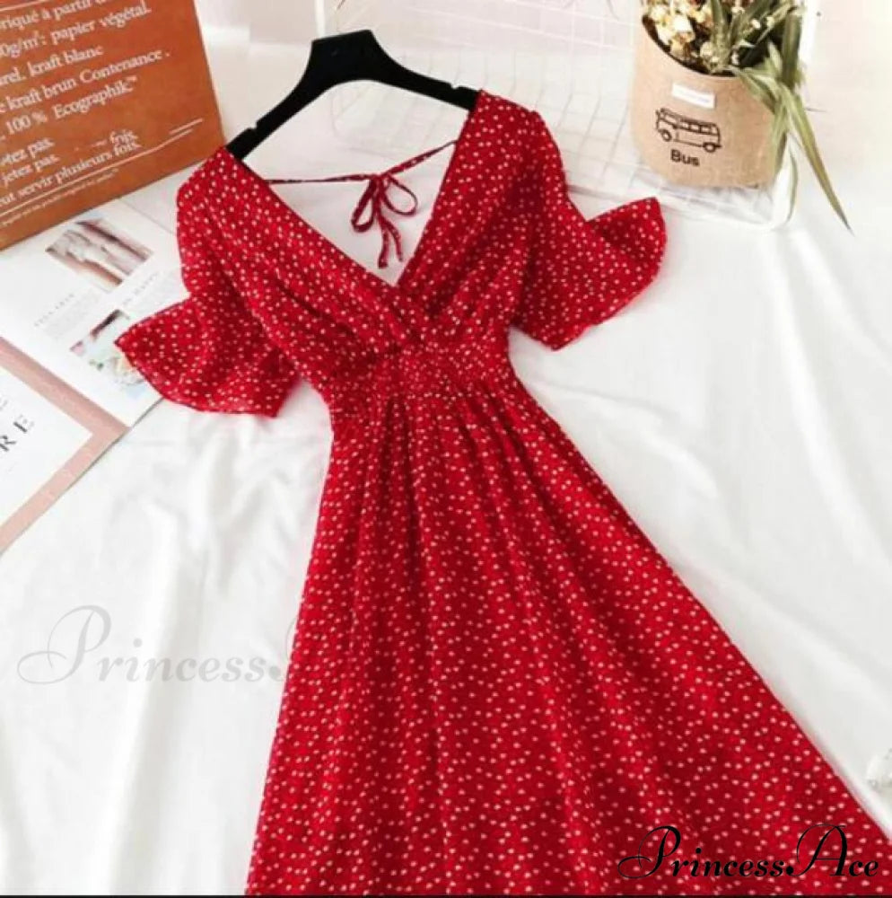 Short sleeve Chiffon Dress red 1 / S