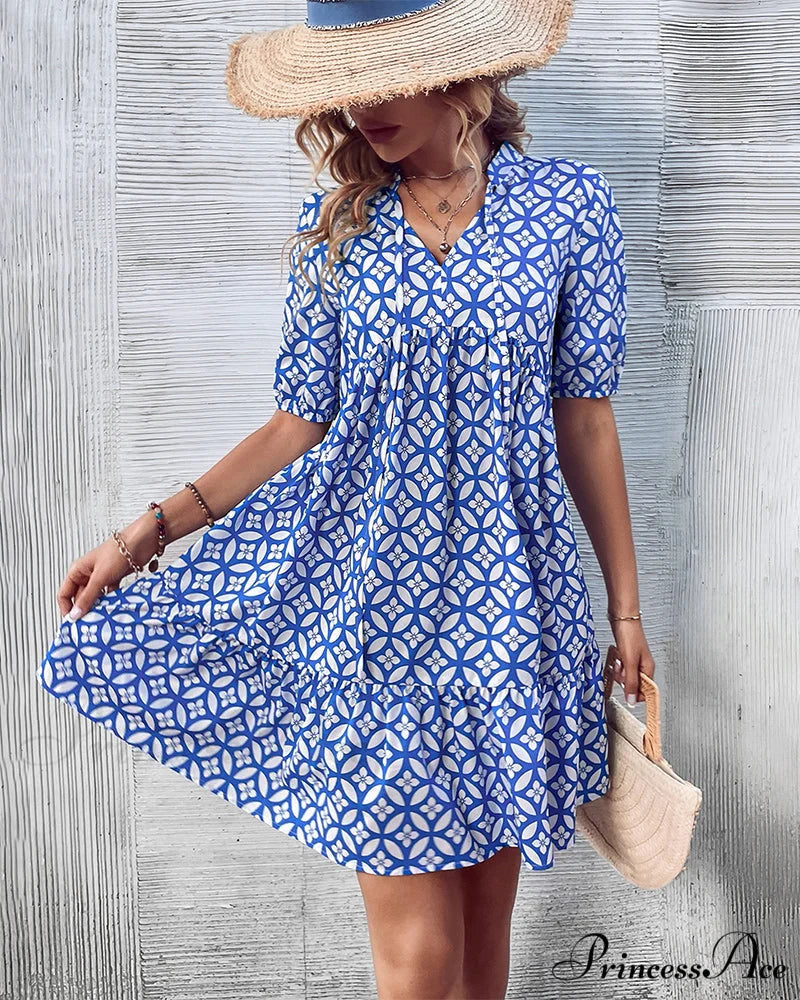 Short Sleeve Dress - Fresh Print Blue / S