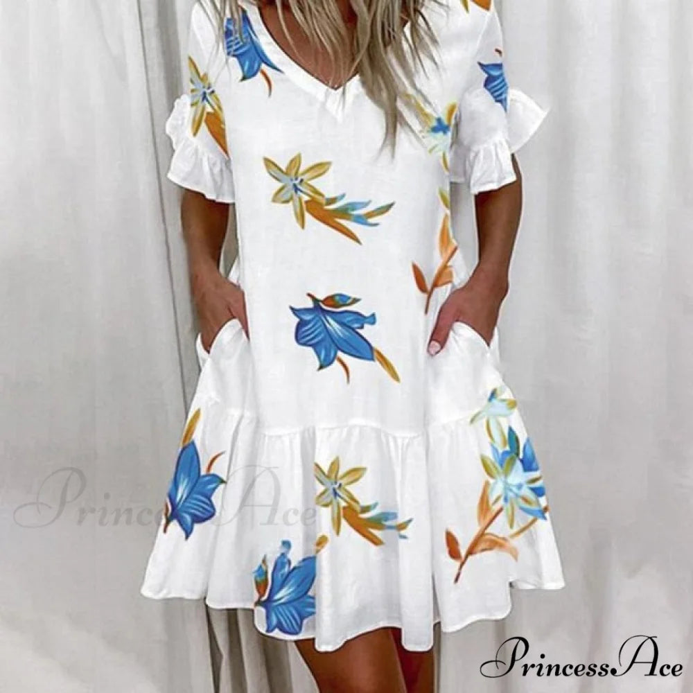 Short Sleeve Floral Print Dress Floral-Blue / S