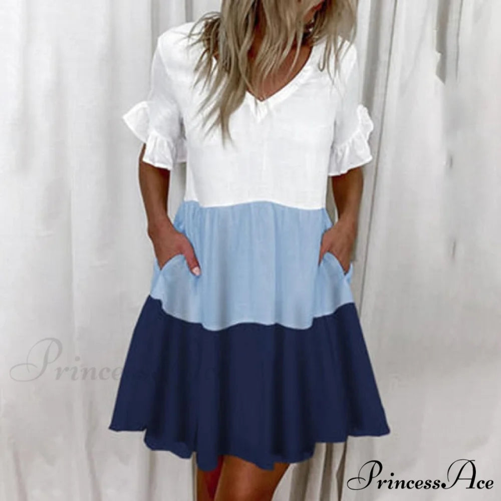 Short Sleeve Floral Print Dress Blue / S