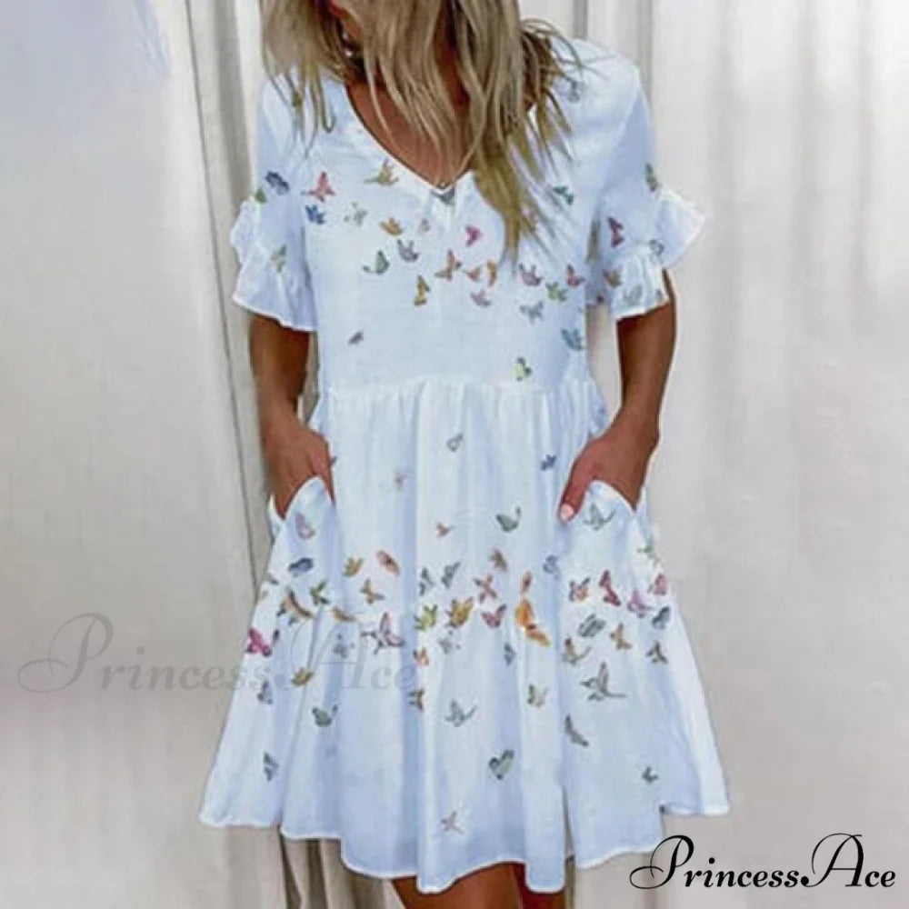 Short Sleeve Floral Print Dress Butterfly / S