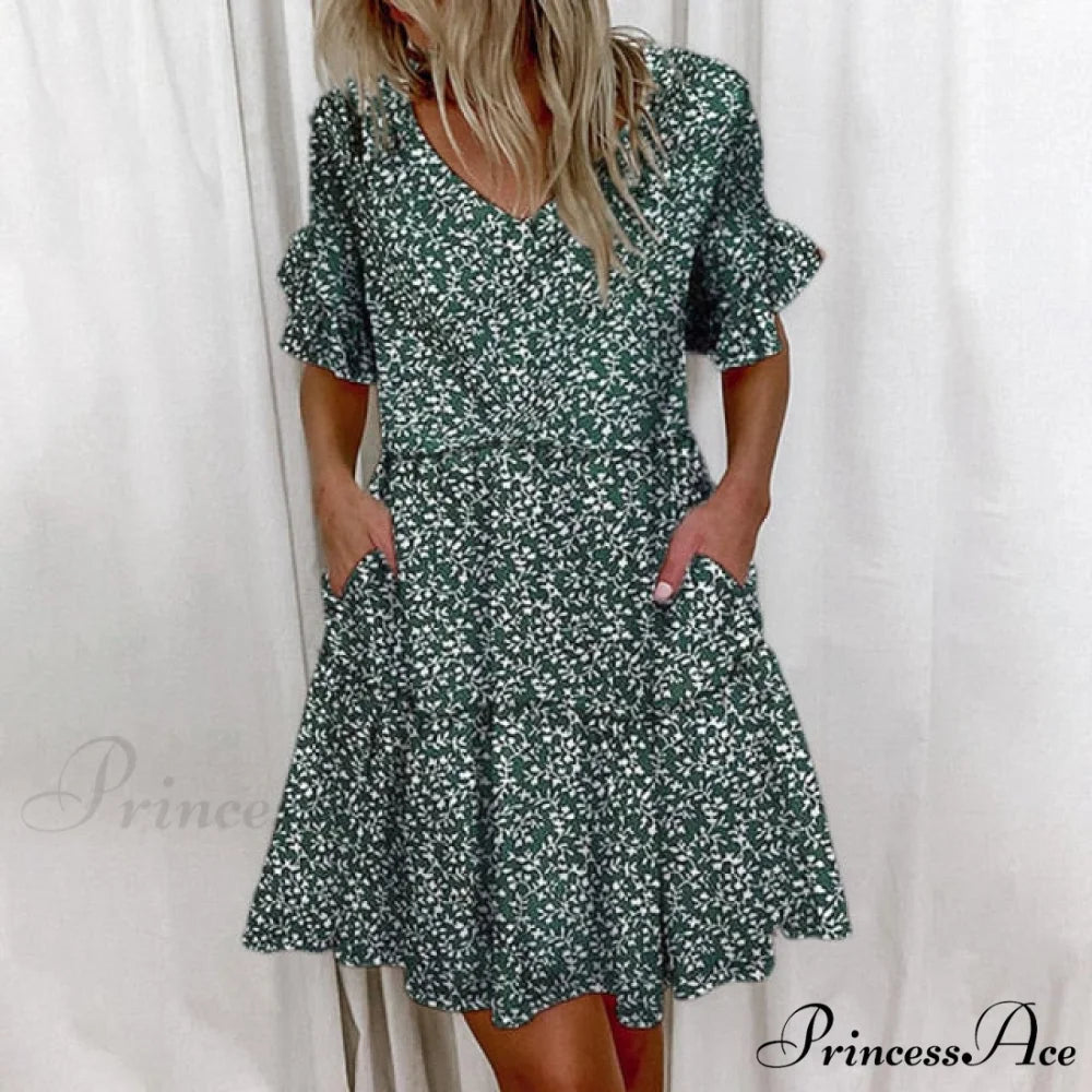 Short Sleeve Floral Print Dress Green / S