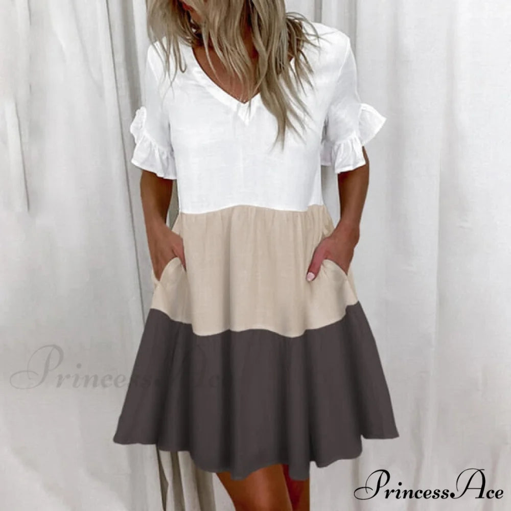 Short Sleeve Floral Print Dress Khaki / S