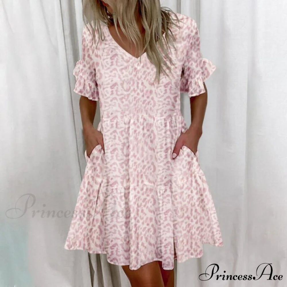 Short Sleeve Floral Print Dress Pink / S