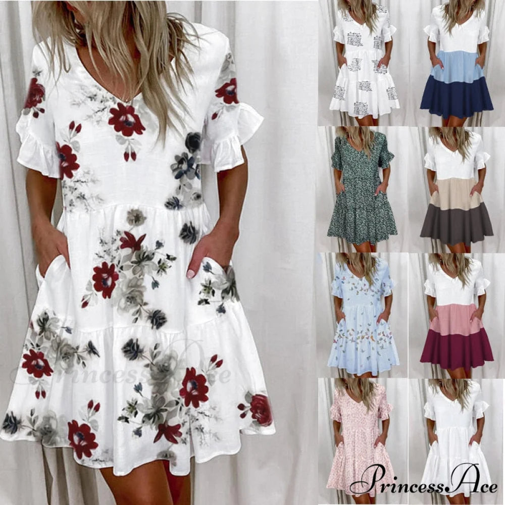 Short Sleeve Floral Print Ruffled Pocket Dresses