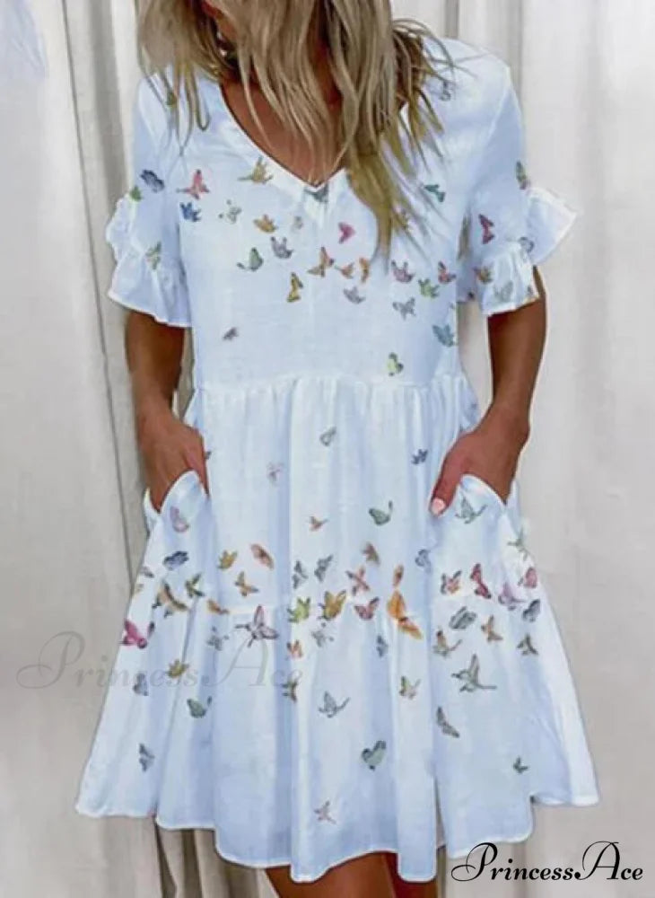Short Sleeve Floral Print Ruffled Pocket Dresses Butterfly / S
