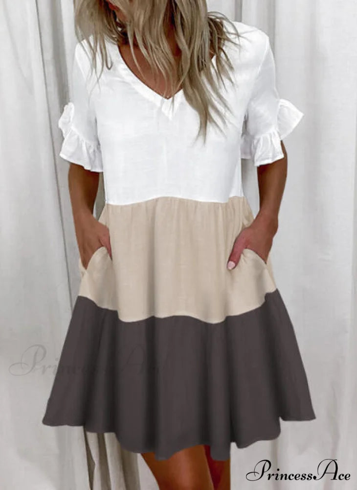 Short Sleeve Floral Print Ruffled Pocket Dresses Coffee / S