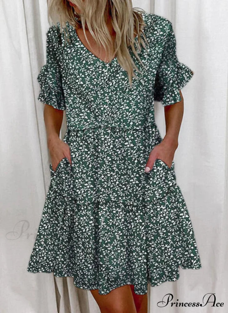Short Sleeve Floral Print Ruffled Pocket Dresses green / S