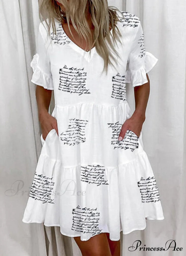 Short Sleeve Floral Print Ruffled Pocket Dresses Letter / S