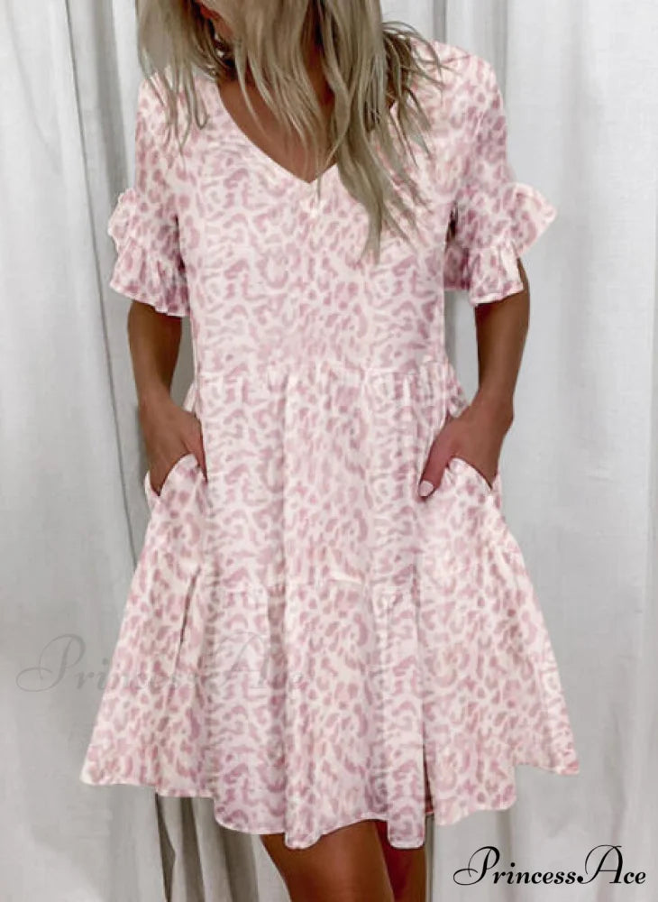Short Sleeve Floral Print Ruffled Pocket Dresses Pink / S