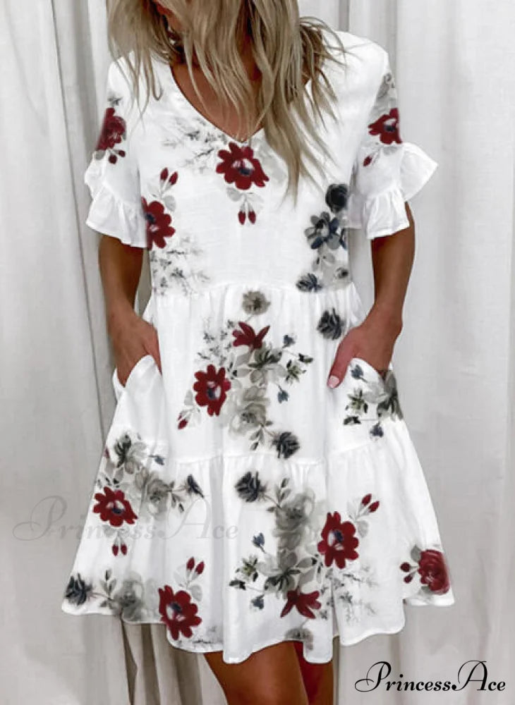Short Sleeve Floral Print Ruffled Pocket Dresses Floral / S