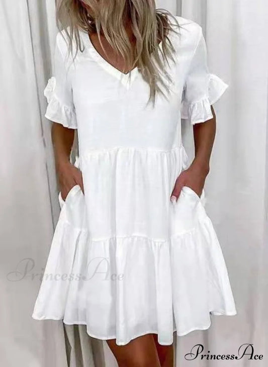 Short Sleeve Floral Print Ruffled Pocket Dresses white / S