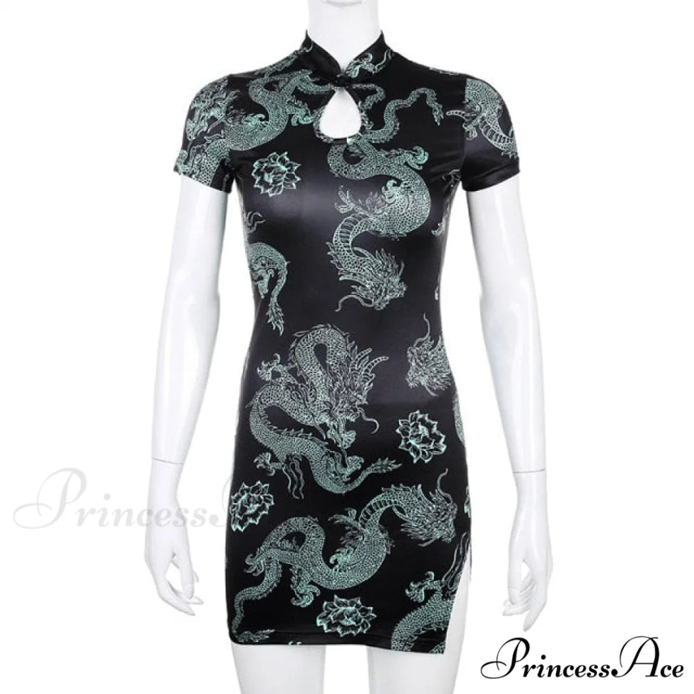 Short Sleeve Front Hole High Split Bodycon Dress green / S