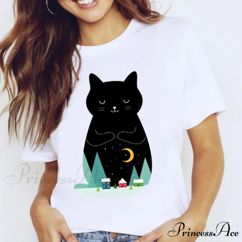 Short Sleeve Lady Clothes Tops black cat / S