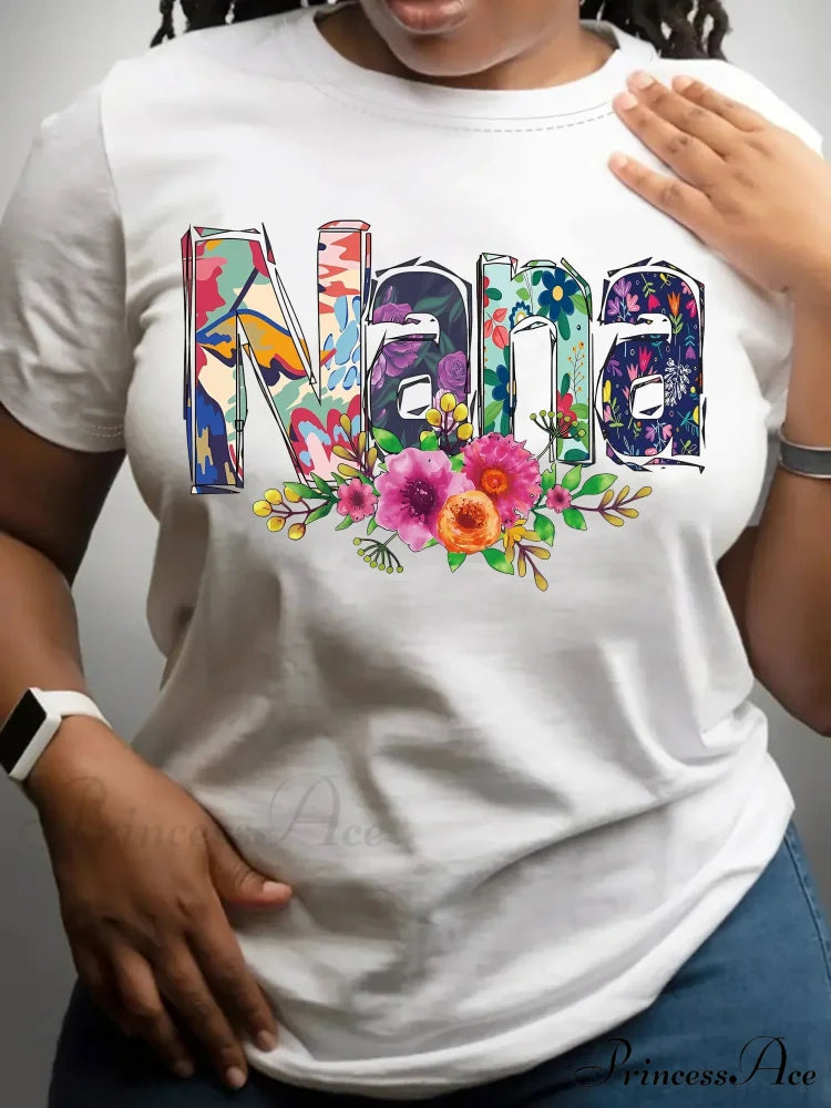 Short Sleeve Nana & Floral Print Crew Neck Top For Spring & Summer Women’s Clothing T-shirt WHITE / S