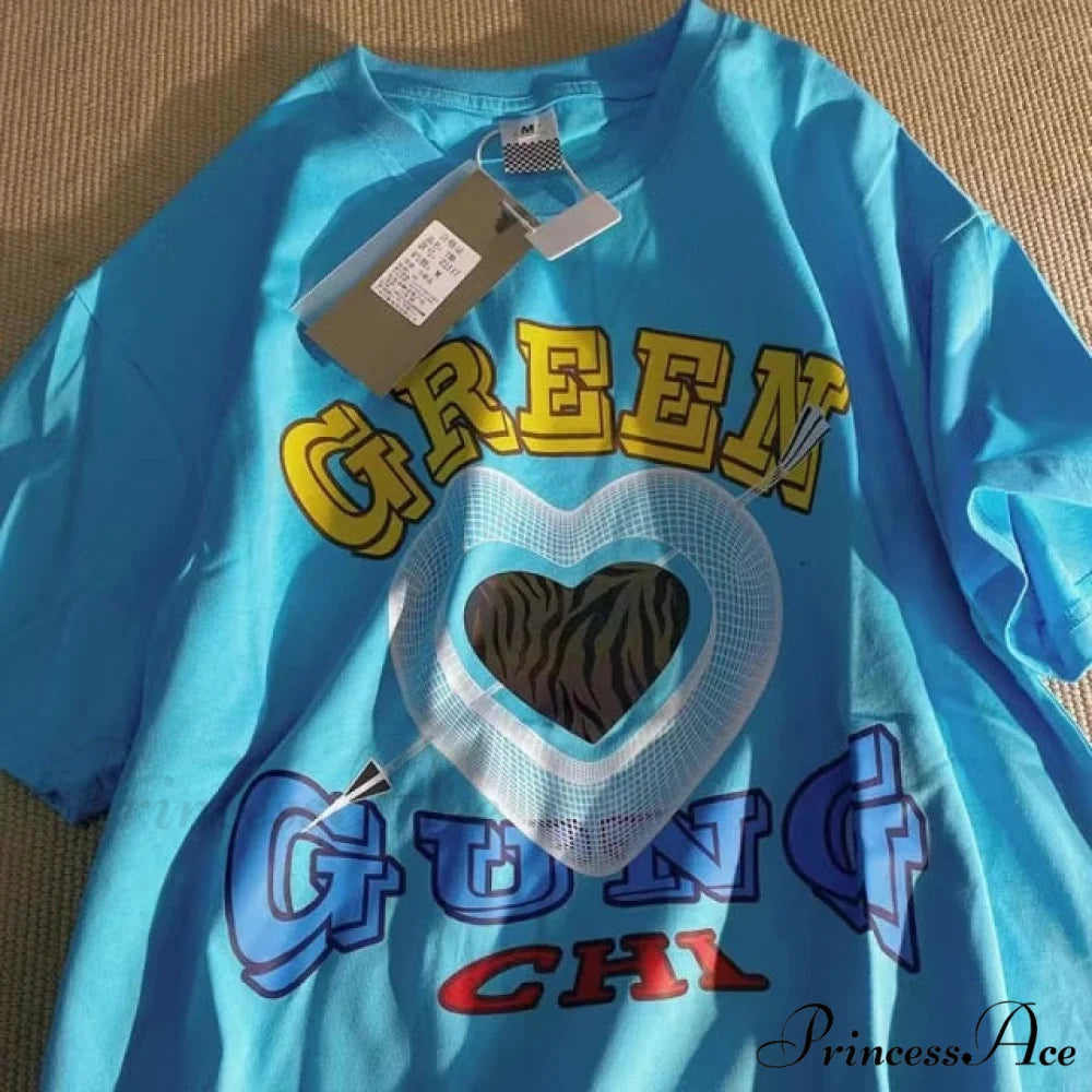 Short Sleeve O Neck Print T-Shirt blue / S