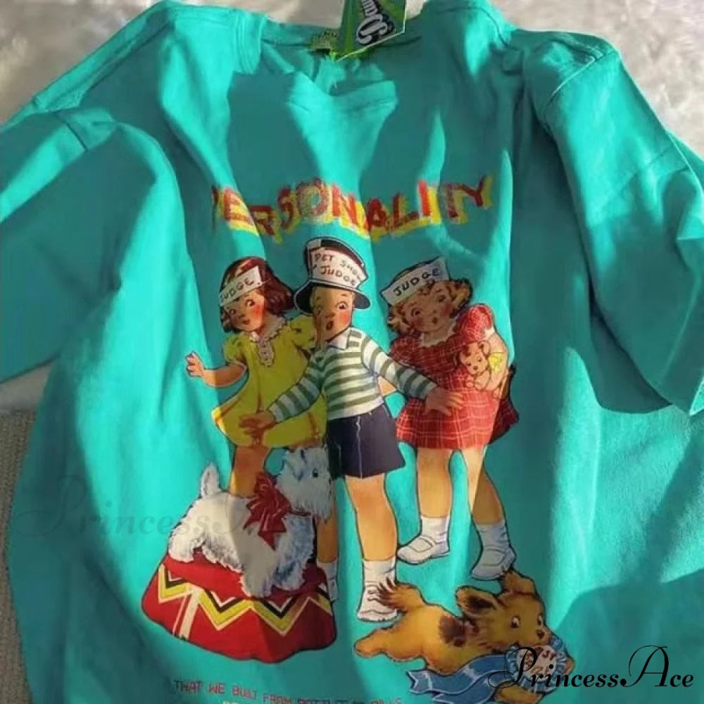 Short Sleeve O Neck Print T-Shirt cyan / S