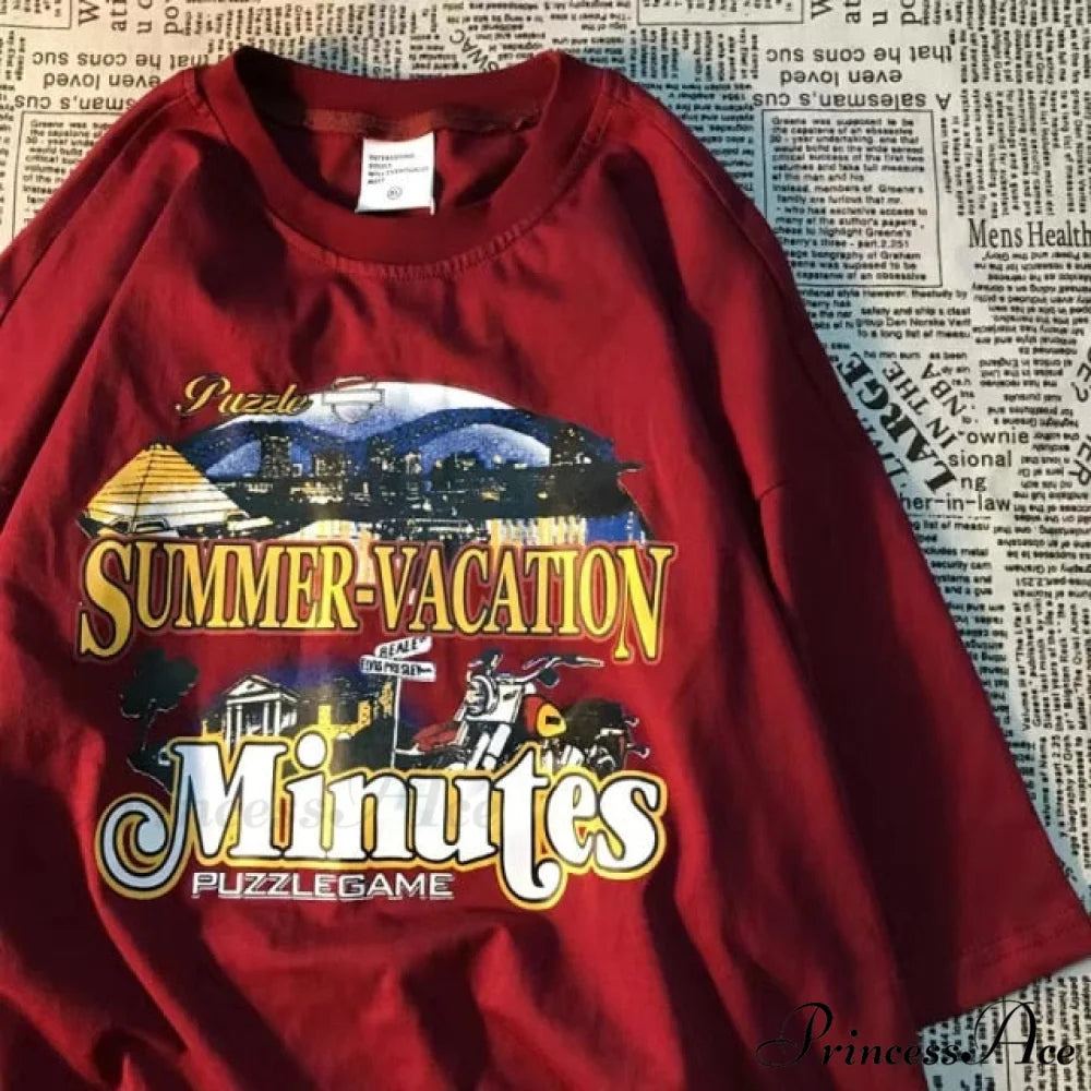 Short Sleeve O Neck Print T-Shirt red / S