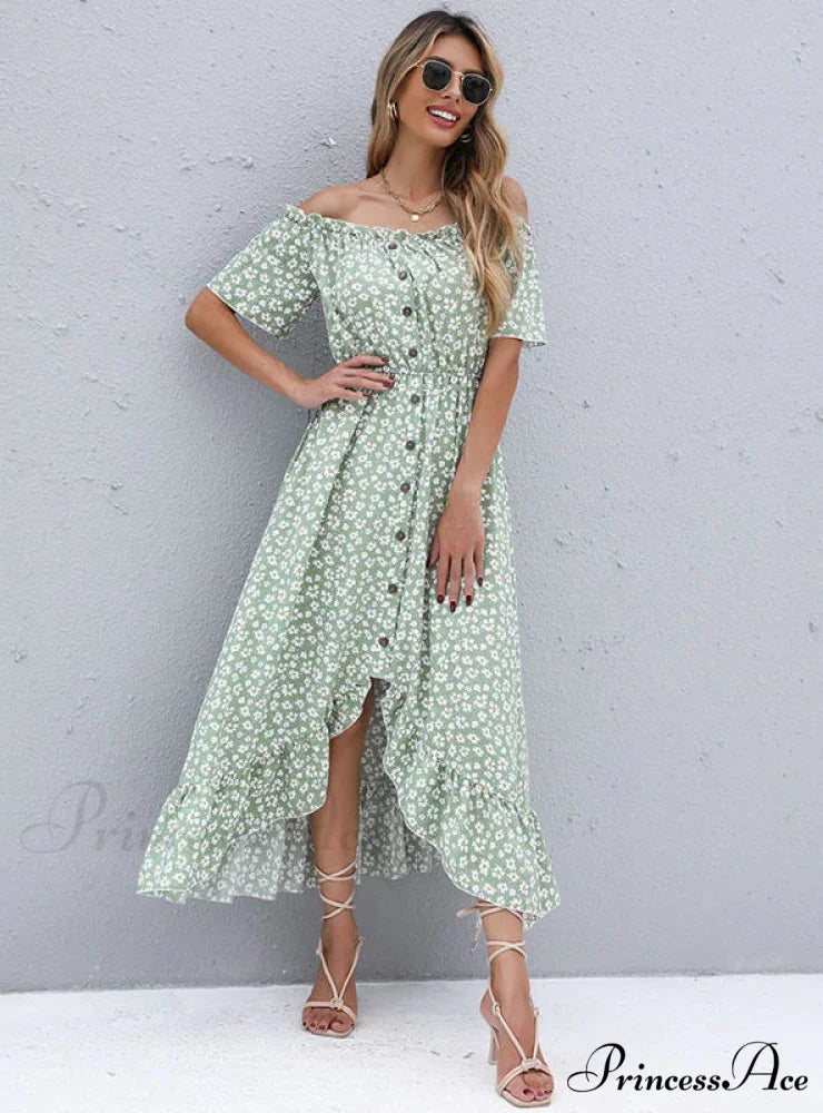 Short-Sleeve Printed Dress with Irregular Pattern S / green
