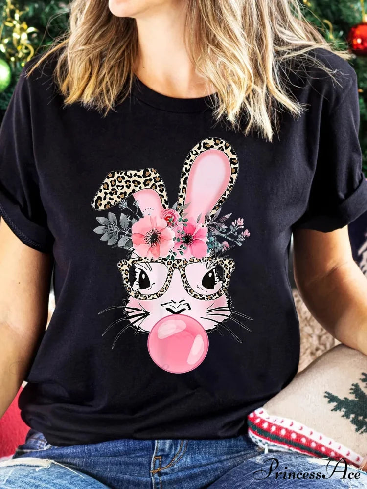 Short Sleeve Rabbit Print Crew Neck Top For Spring & Summer Women’s Clothing T-shirt BLACK / S