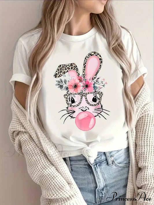 Short Sleeve Rabbit Print Crew Neck Top For Spring & Summer Women’s Clothing T-shirt WHITE / S