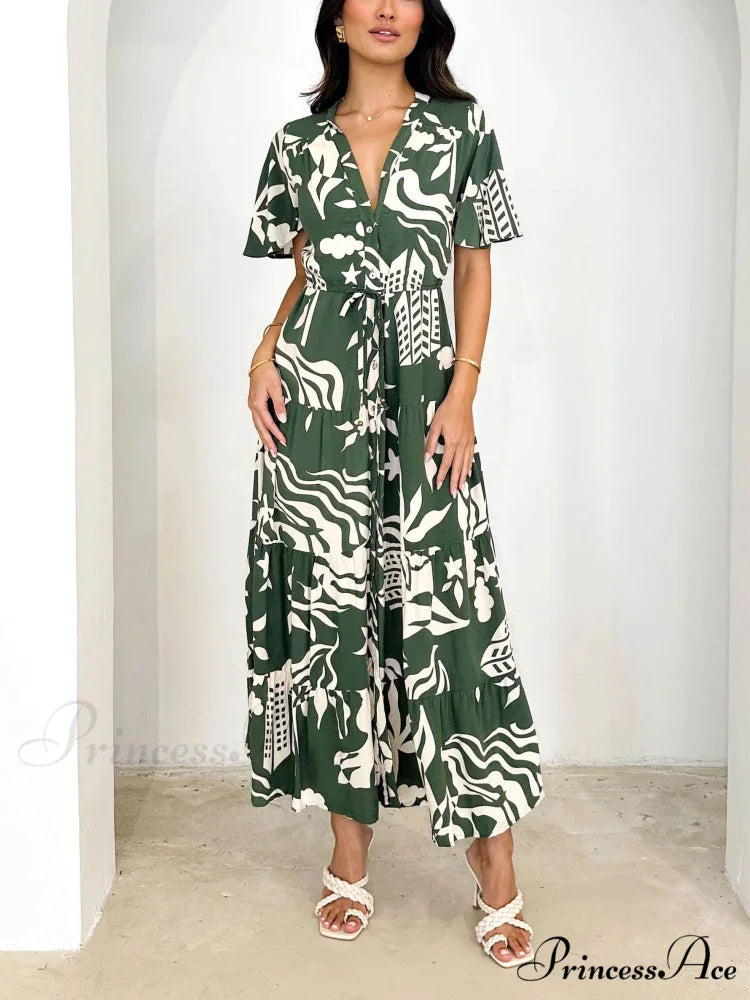 Short Sleeve Resort Charming Print Midi Dress Green / S