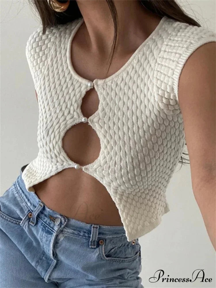 Short Sleeve Ruched O-Neck Buttons Up Y2K Knitted Crop T-shirts Beige / S