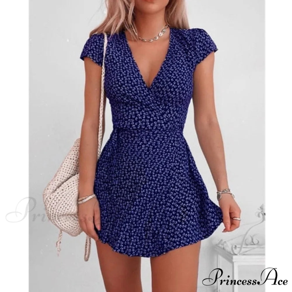 Short Sleeve Sexy V-neck Dresses BLUE / S