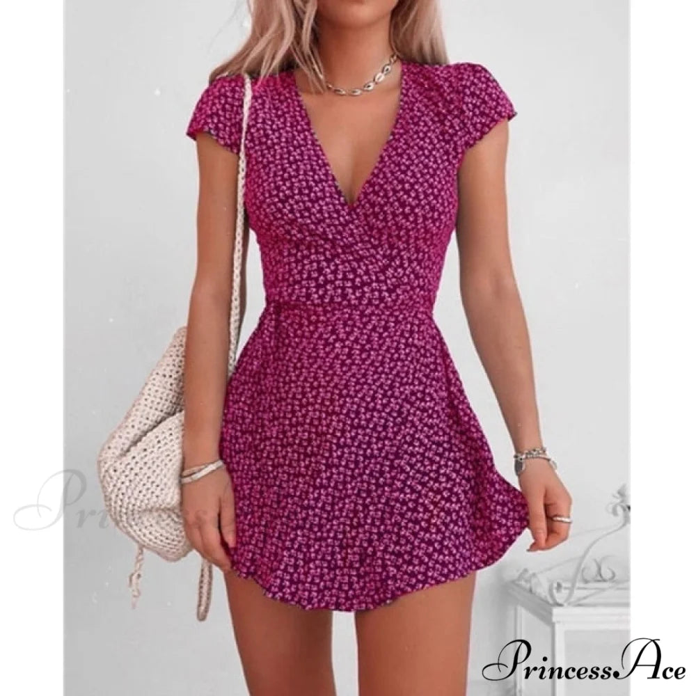 Short Sleeve Sexy V-neck Dresses PURPLE / S