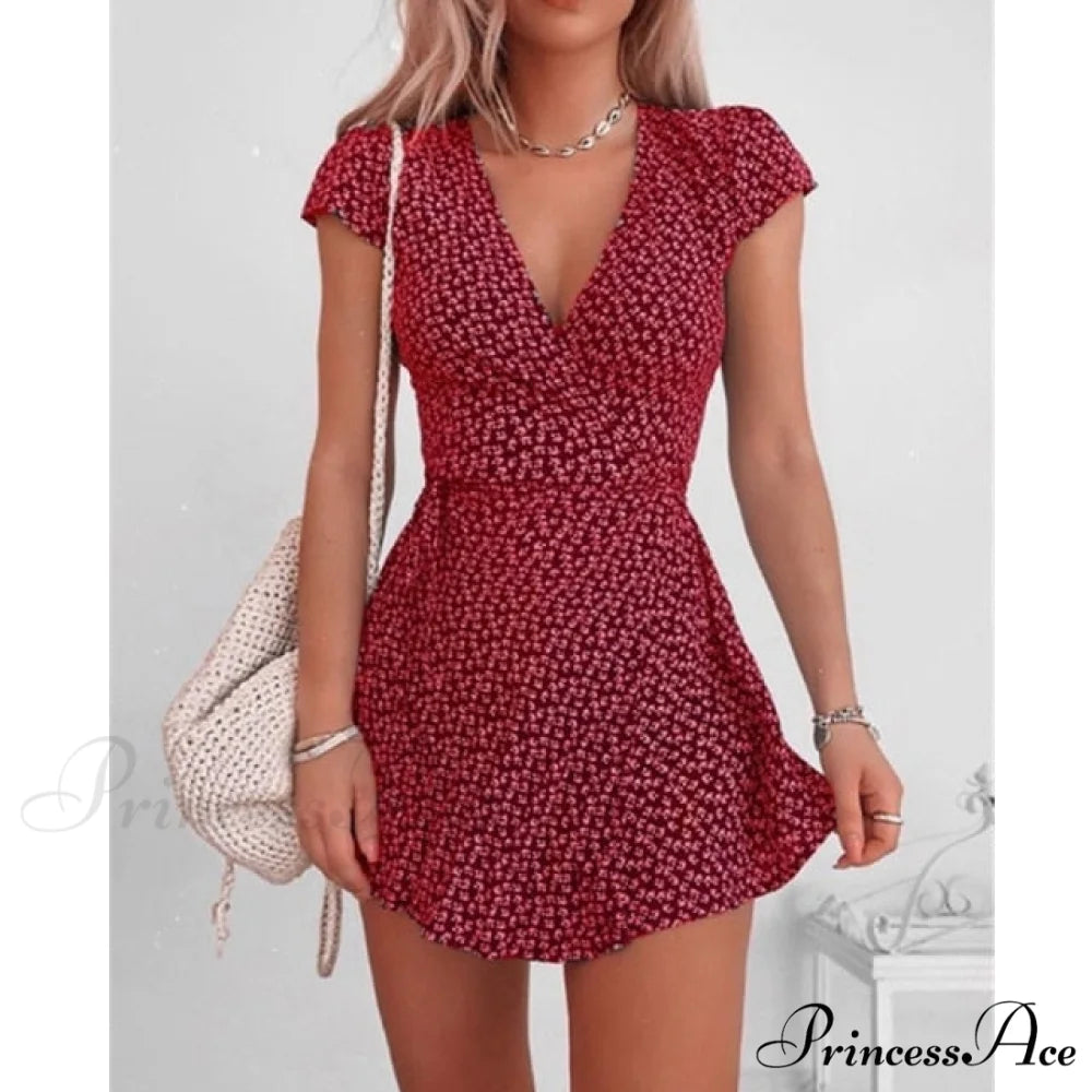 Short Sleeve Sexy V-neck Dresses RED / S