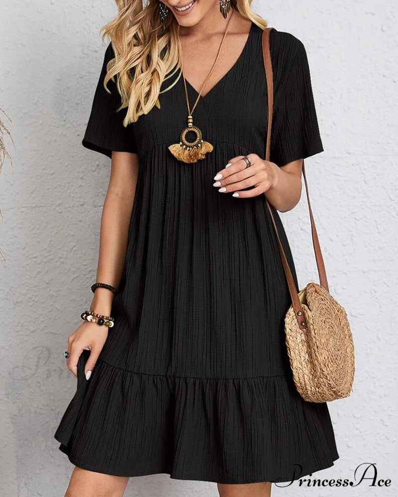 Short Sleeve Solid Color Dress Black / S