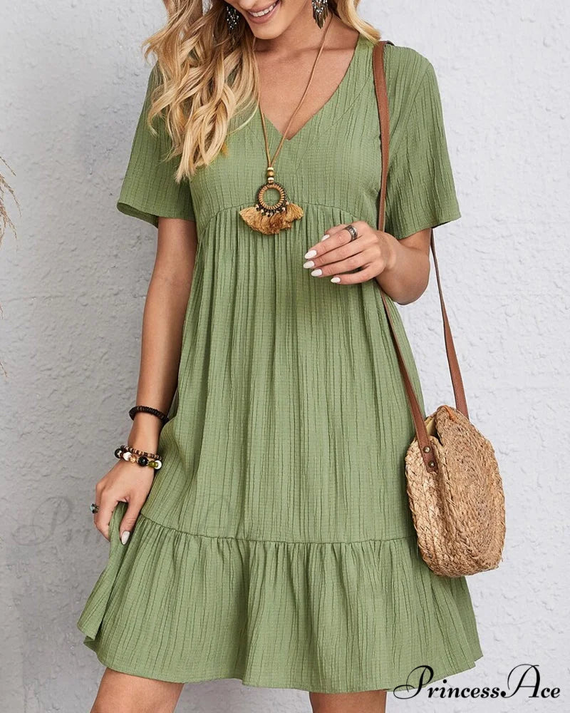 Short Sleeve Solid Color Dress Green / S