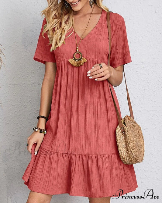 Short Sleeve Solid Color Dress Red / S