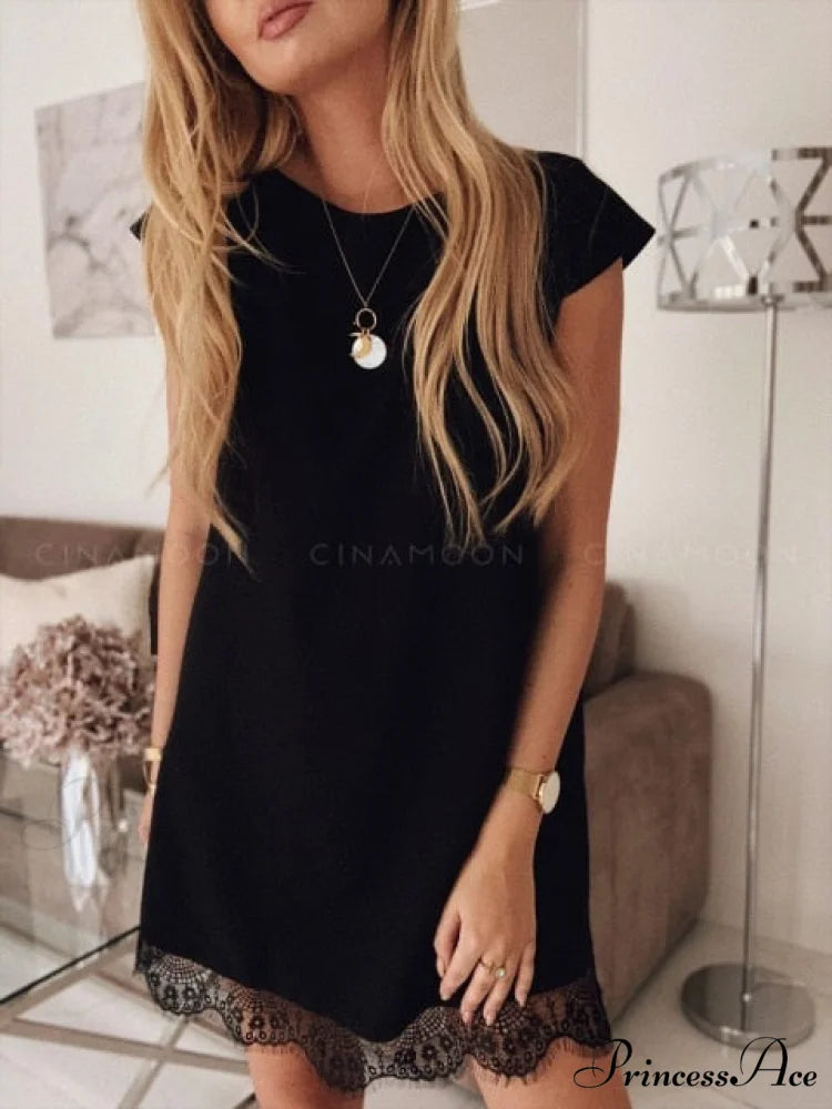 Short Sleeve Straight Splice Lace Mini Party Dresses black / S