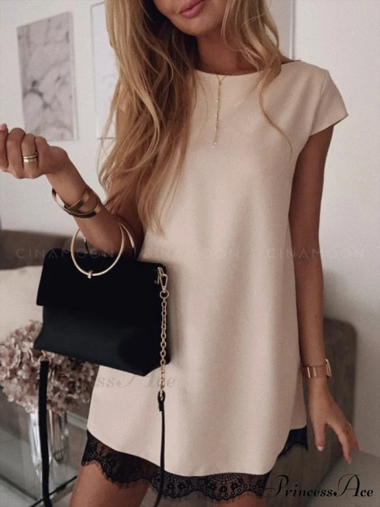 Short Sleeve Straight Splice Lace Mini Party Dresses khaki / S