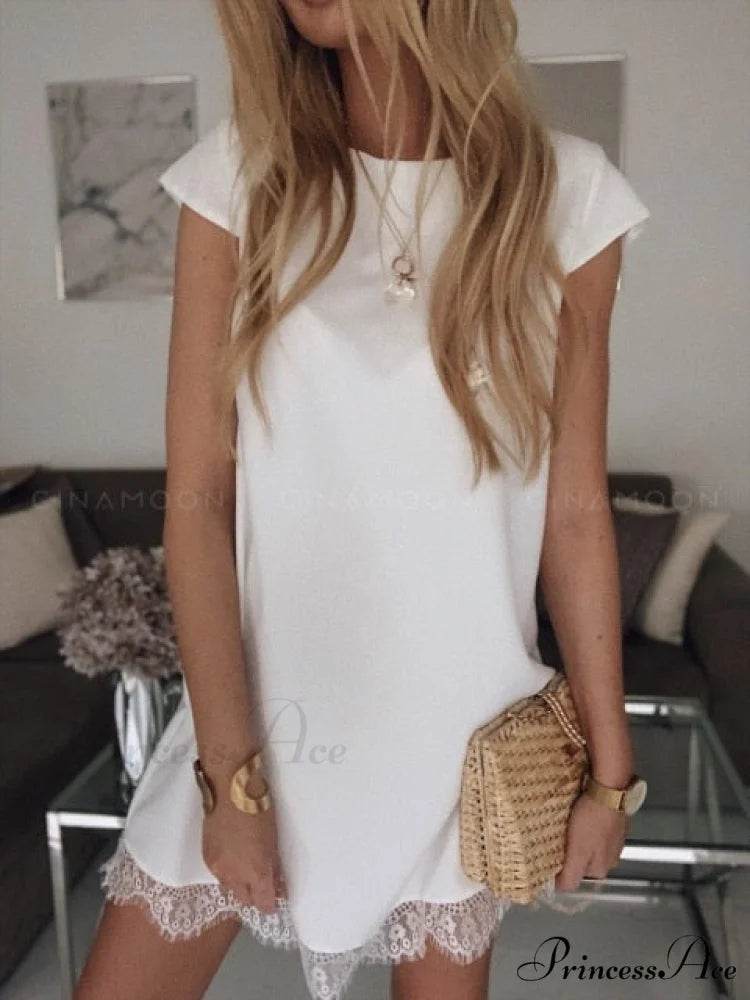 Short Sleeve Straight Splice Lace Mini Party Dresses white / S