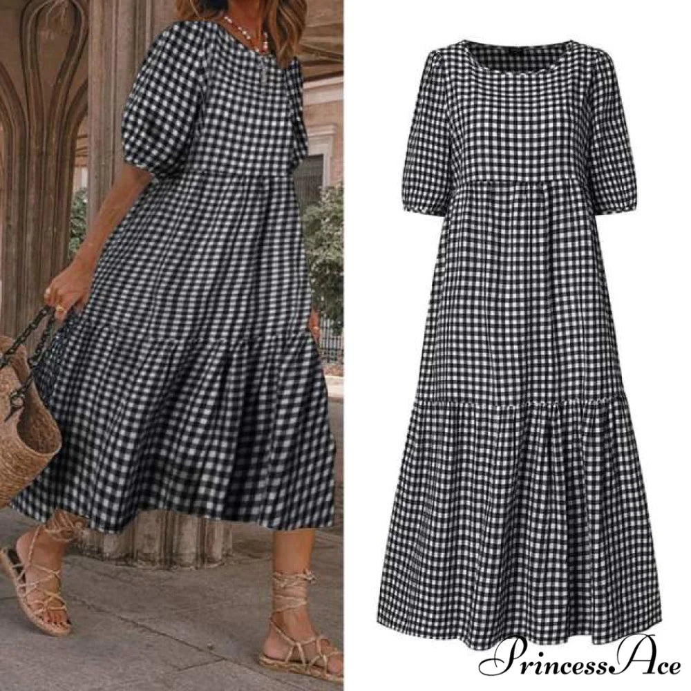 Short Sleeve Vintage Plaid Printed Sundress Black / S