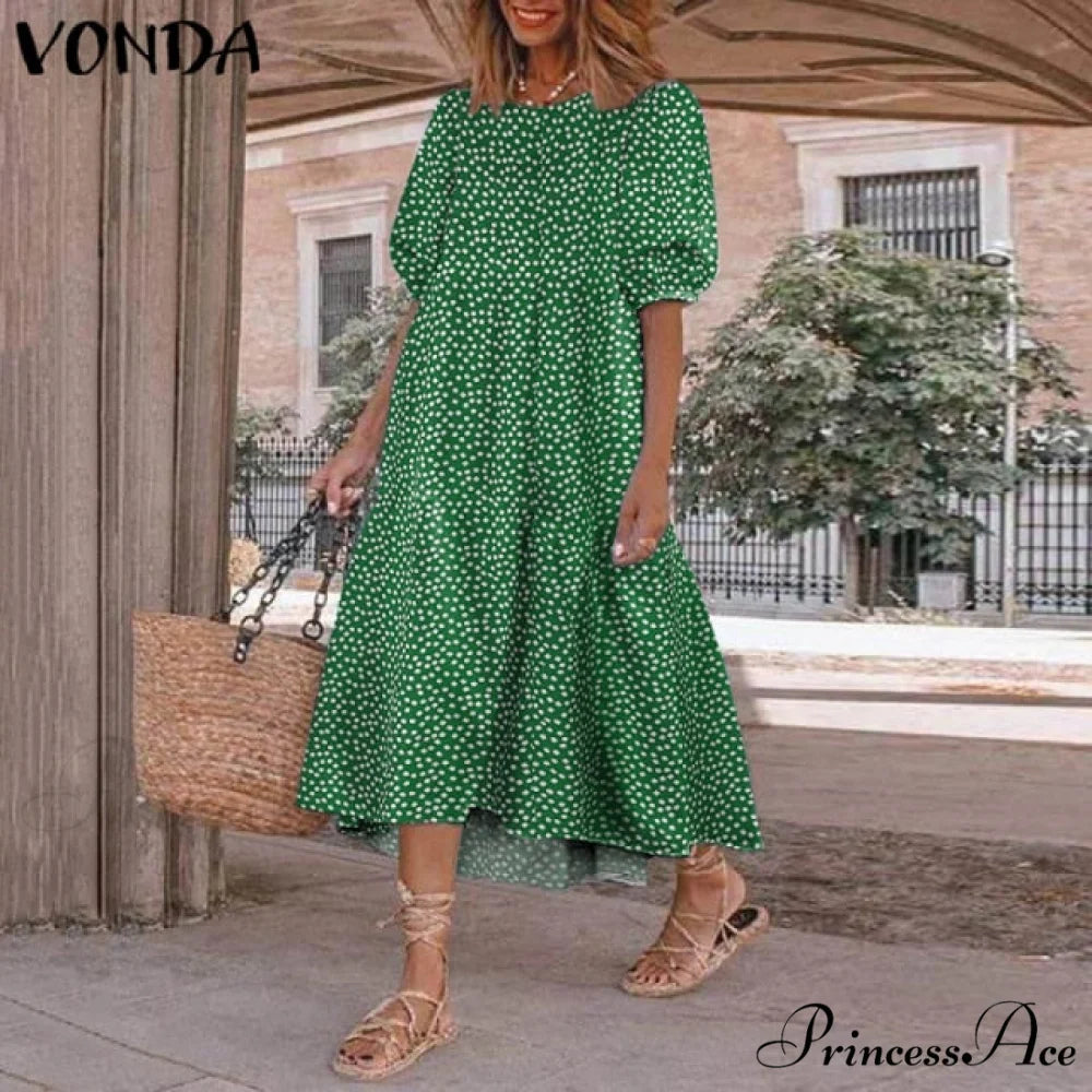 Short Sleeve Vintage Plaid Printed Sundress Green Flowers / S