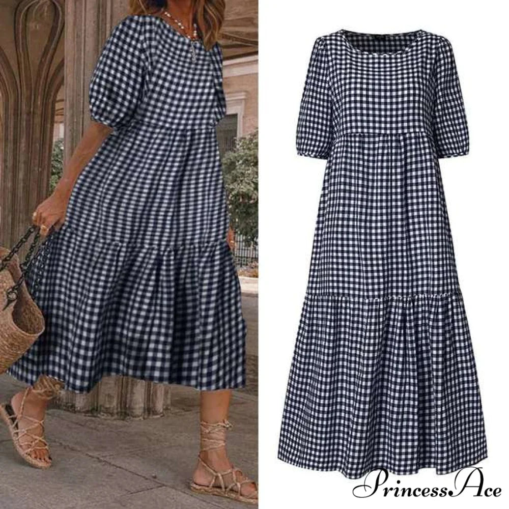 Short Sleeve Vintage Plaid Printed Sundress Navy / S