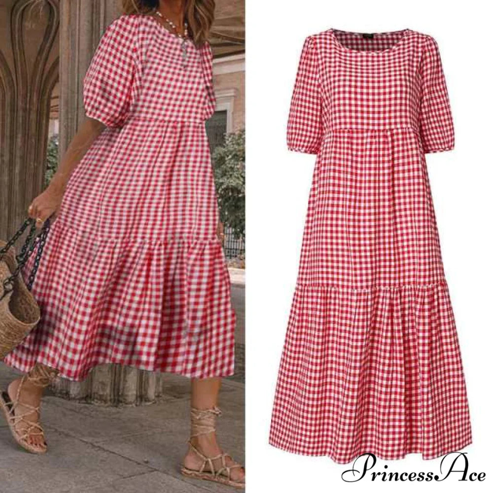 Short Sleeve Vintage Plaid Printed Sundress Red / S