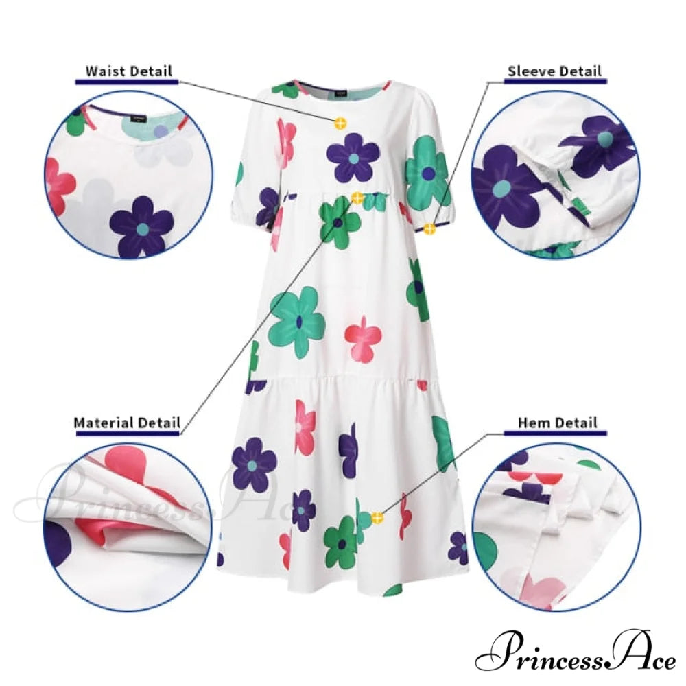 Short Sleeve Vintage Plaid Printed Sundress White / S