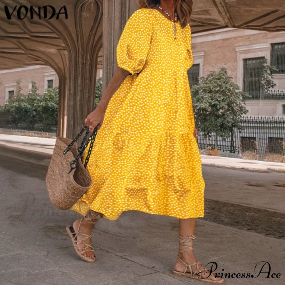 Short Sleeve Vintage Plaid Printed Sundress Yellow Flowers / S