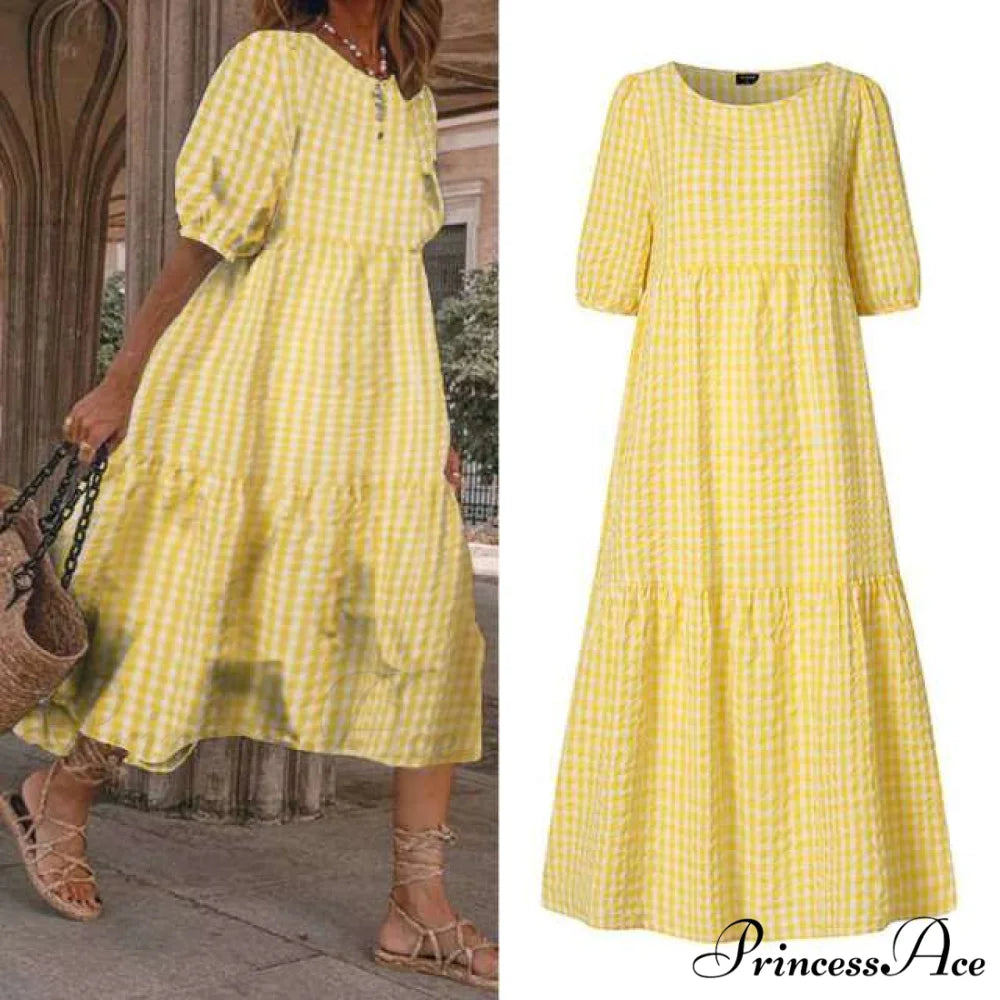 Short Sleeve Vintage Plaid Printed Sundress Yellow / S